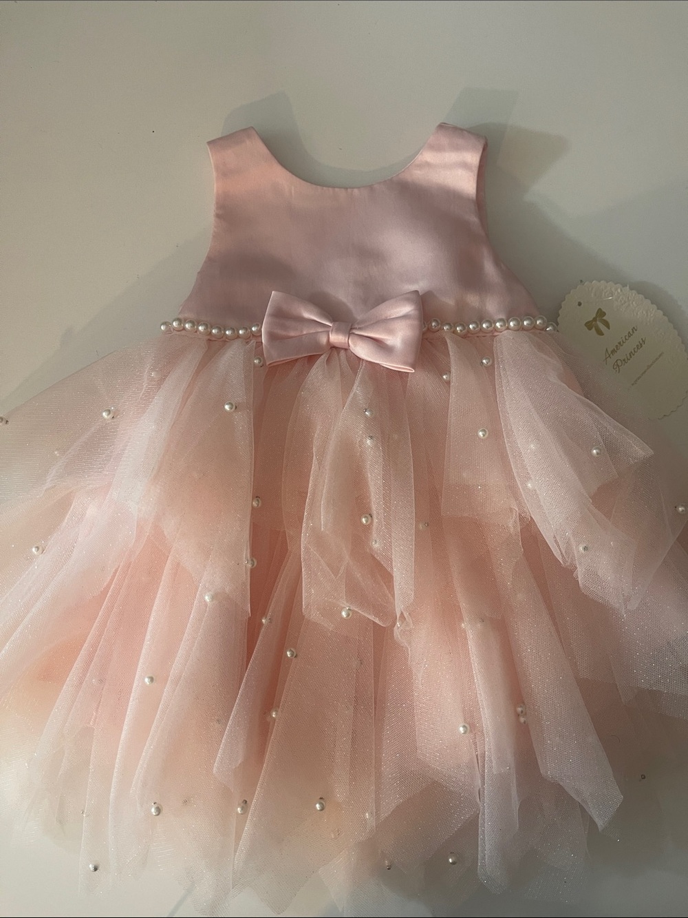 American Princess Light Pink Pearl-Embellished Tulle Party Dress with Bow